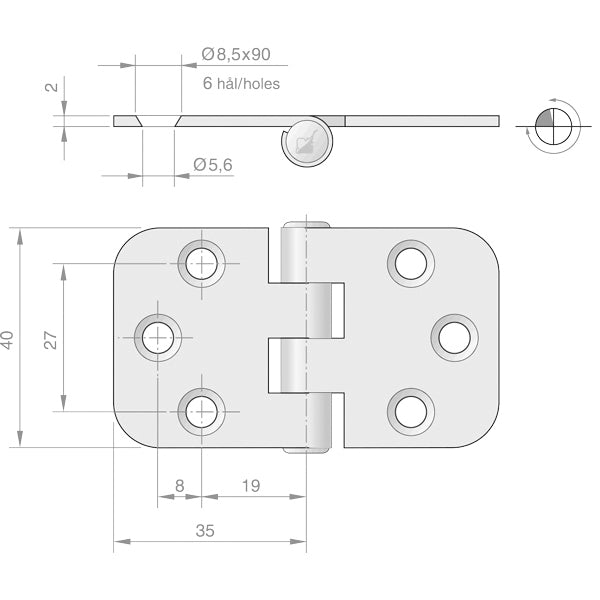 Roca hængsel 70x40mm omvendt AISI304