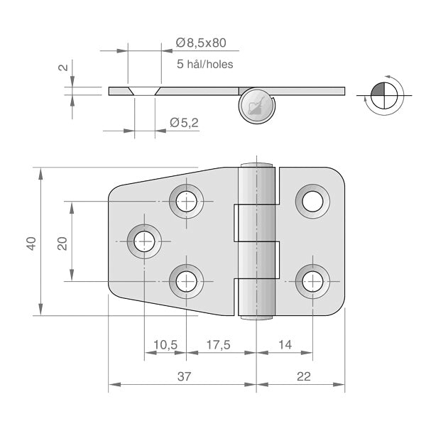 Roca hængsel 59x40mm onvendt AISI316