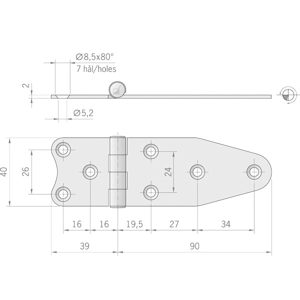 Roca hængsel 129x40mm AISI 316