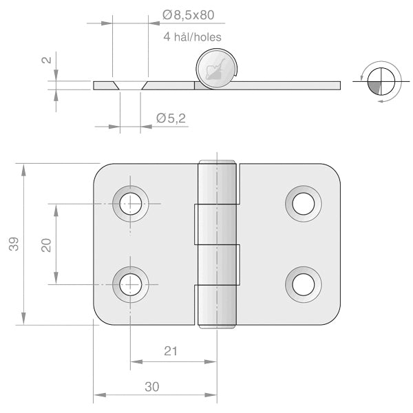 Roca hængsel 60x39mm AISI 316