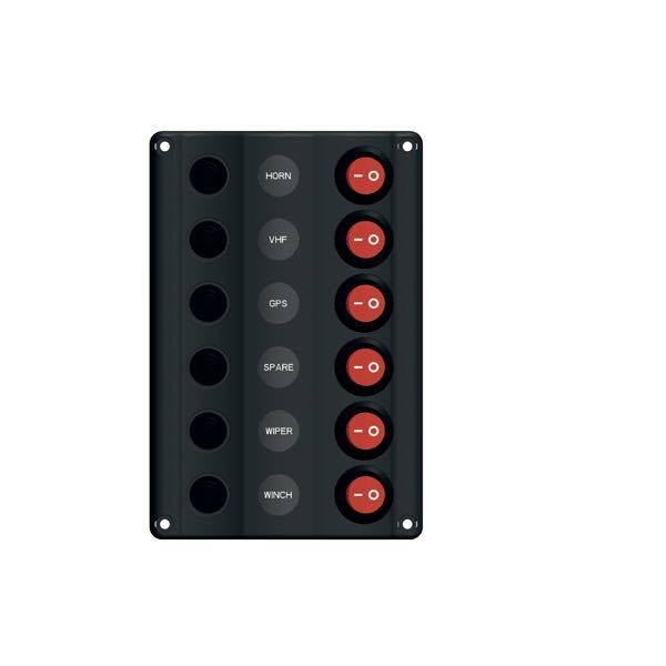 "Wave" elpanel med 6 kontakter m/LED og automatsikring, 12V