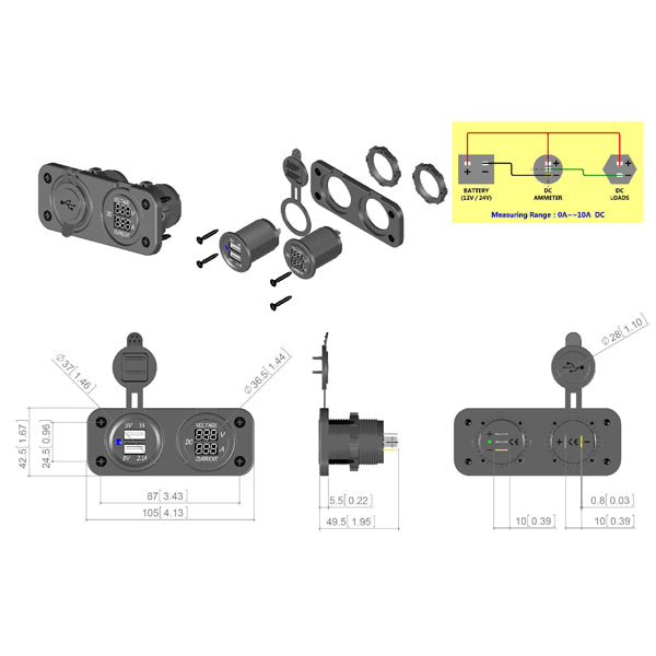 1852 panel dobbelt USB udtag & volt/amperem