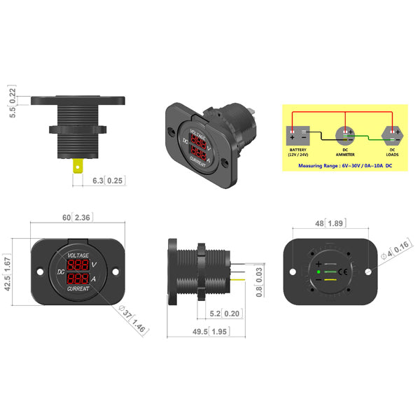 1852 panel med volt- & amperemeter 6-30 Vdc 0-10Amp