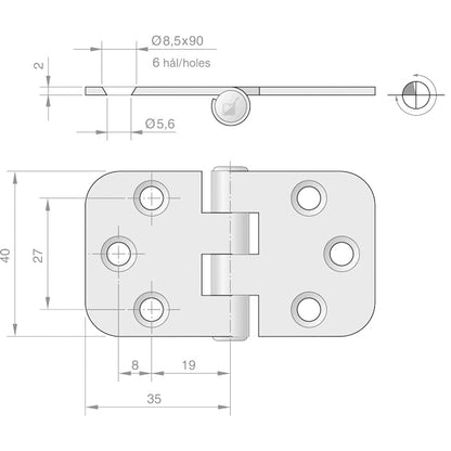 Roca hængsel 70x40mm omvendt AISI304