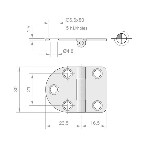 Roca hængsel 40x30mm omvendt AISI304