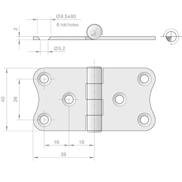 Roca hængsel 78x40mm AISI 316