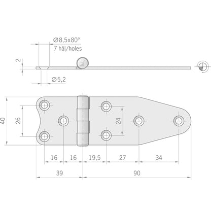 Roca hængsel 129x40mm AISI 316