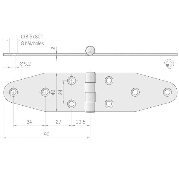 Roca hængsel 180x40mm AISI 316