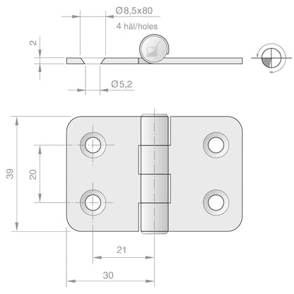Roca hængsel 60x39mm AISI 316