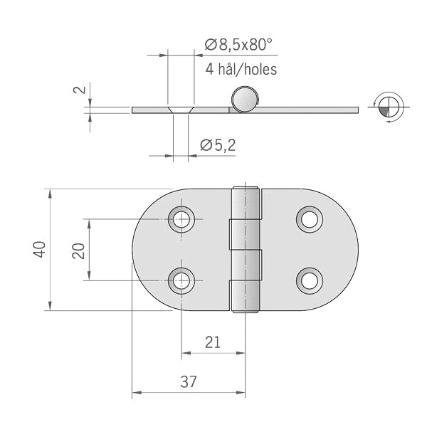 Roca hængsel 74x40mm AISI 316