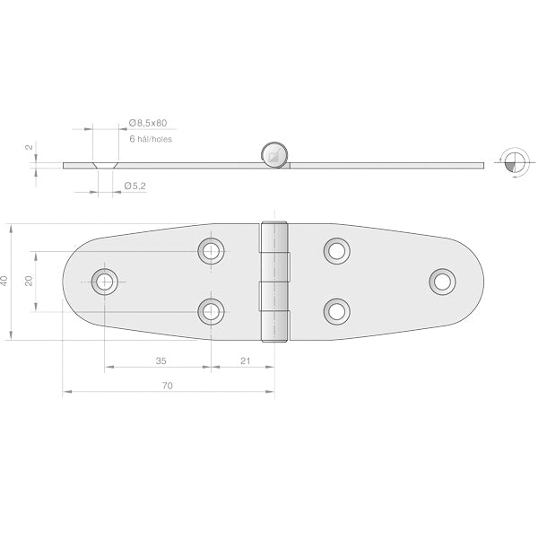 Roca hængsel 140x40mm AISI 316