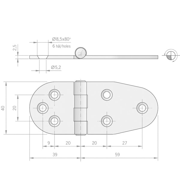 Roca hængsel 98x40mm AISI 316