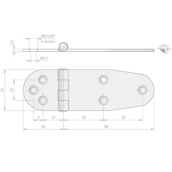 Roca hængsel 127x40 mm AISI 316
