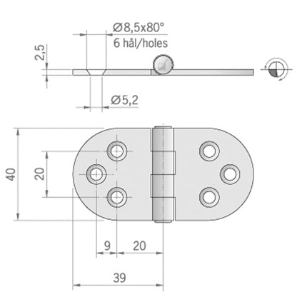 Roca hængsel 78x40mm AISI 316