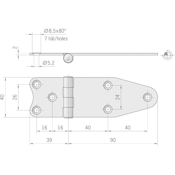 Roca hængsel omvendt 129x40mm AISI 304