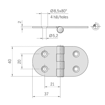 Roca hængsel 74x40mm omvendt AISI316