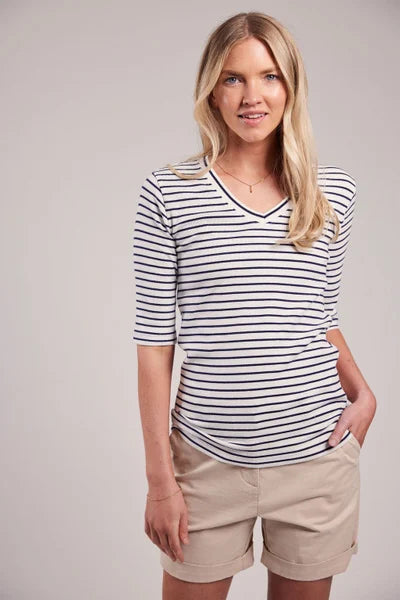 Sebago Vera Rib Halværmet Top - Hvid/Marineblå Dame