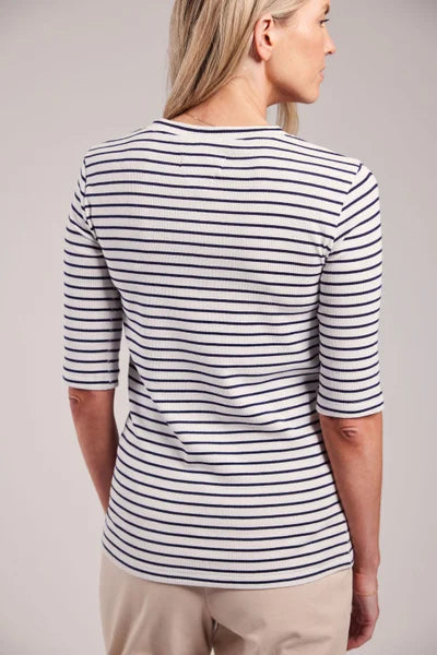Sebago Vera Rib Halværmet Top - Hvid/Marineblå Dame